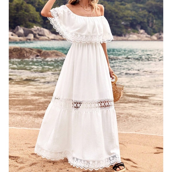 Boho White Lace Off Shoulder Maxi Dress - Picture 3 of 5